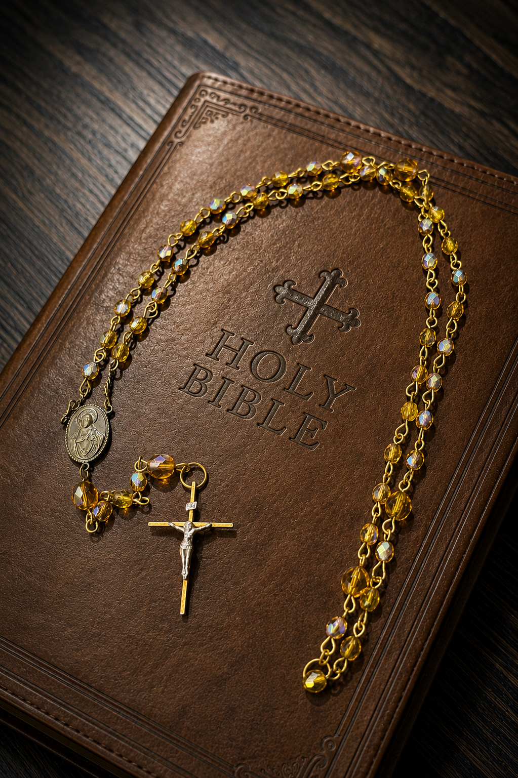 Holy Bible with rosary cross — faith and testimony imagery for In Faith We Testify Christian podcast