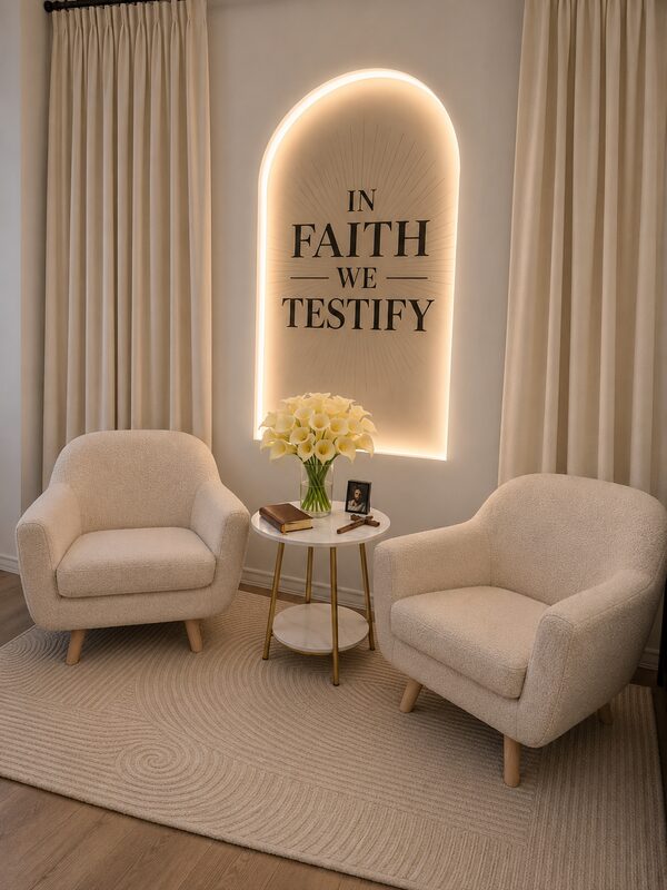 The 'In Faith We Testify' podcast set — two cream armchairs facing a small marble table holding white calla lilies, a Bible and a wooden cross, beneath the warmly backlit branded arch