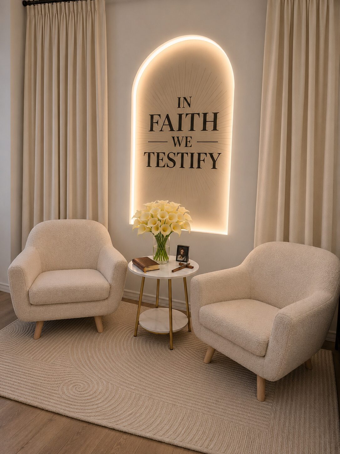 The 'In Faith We Testify' podcast set taking shape — two cream armchairs and a small table of white calla lilies, a Bible and a wooden cross beneath the warmly backlit branded arch, framed by soft curtains